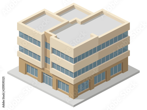 A modern isometric 3D vector illustration showcases a commercial office building featuring a minimalist beige facade, geometric flat roof, and glass windows, representing urban, corporate real estate