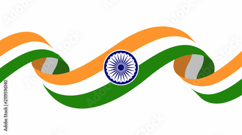 Waving Indian flag ribbon design with Ashoka Chakra symbol isolated on a white background