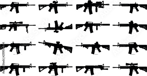 Obraz na plátně Collection of sixteen tactical assault rifle silhouettes isolated on white backg