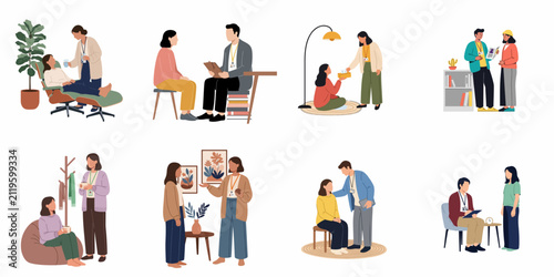 Set of flat illustrations depicting various professional mental health counseling and therapy sessions with psychologists and diverse patients in different office settings.