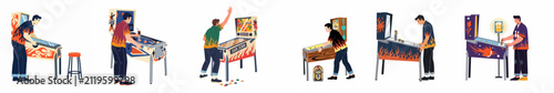 A collection of flat vector illustrations showing various men playing different retro-themed pinball machines in an arcade setting.