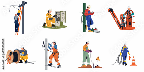 Professional electricians and linemen performing maintenance, repair, and installation tasks on power lines and electrical infrastructure in various flat illustration styles.