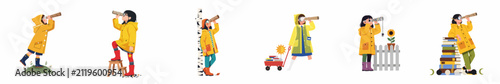 Foto Collection of flat illustrations showing a young girl in a yellow raincoat exploring, reading, and using a handmade cardboard telescope with curiosity
