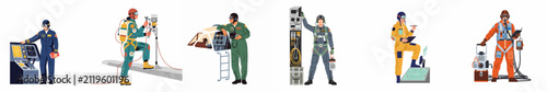 Fotografía Flat illustration set featuring diverse aviation and aerospace professionals, including pilots, technicians, and engineers in various specialized uniforms and equipment