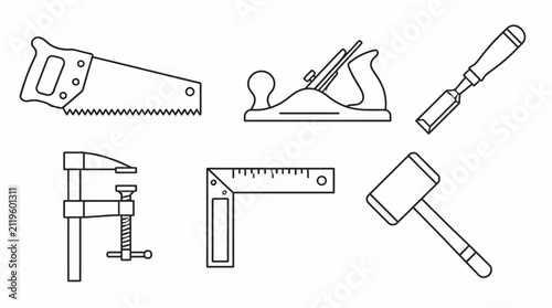 Set of carpentry tools icons, linear style for woodworking projects
