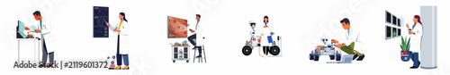 Flat vector illustrations set of diverse scientists and engineers working on Mars rover exploration projects and space research in laboratory