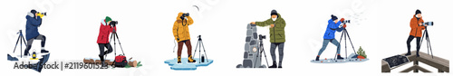 Collection of flat vector illustrations featuring photographers in warm winter gear shooting landscapes in various snowy and icy outdoor locations with tripods and cameras.
