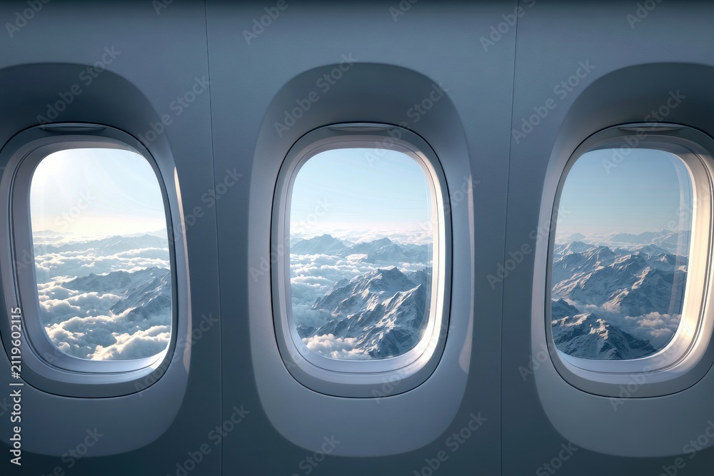 Naklejka premium Snowy peaks seen from an airplane window. Travel concept.