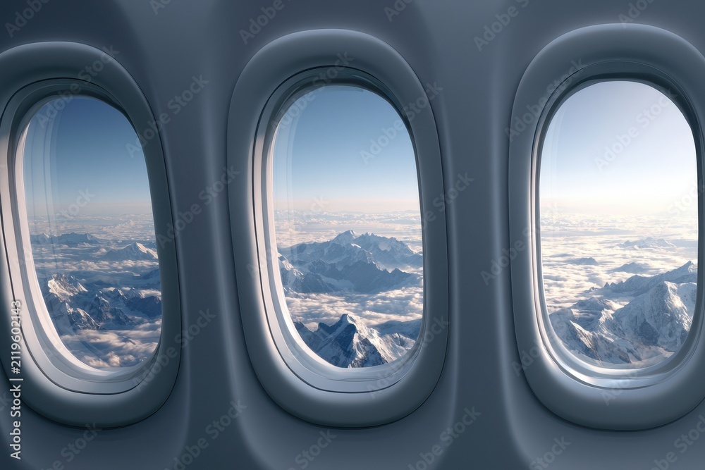 Naklejka premium View of snowy mountain range from cabin window. Travel theme.