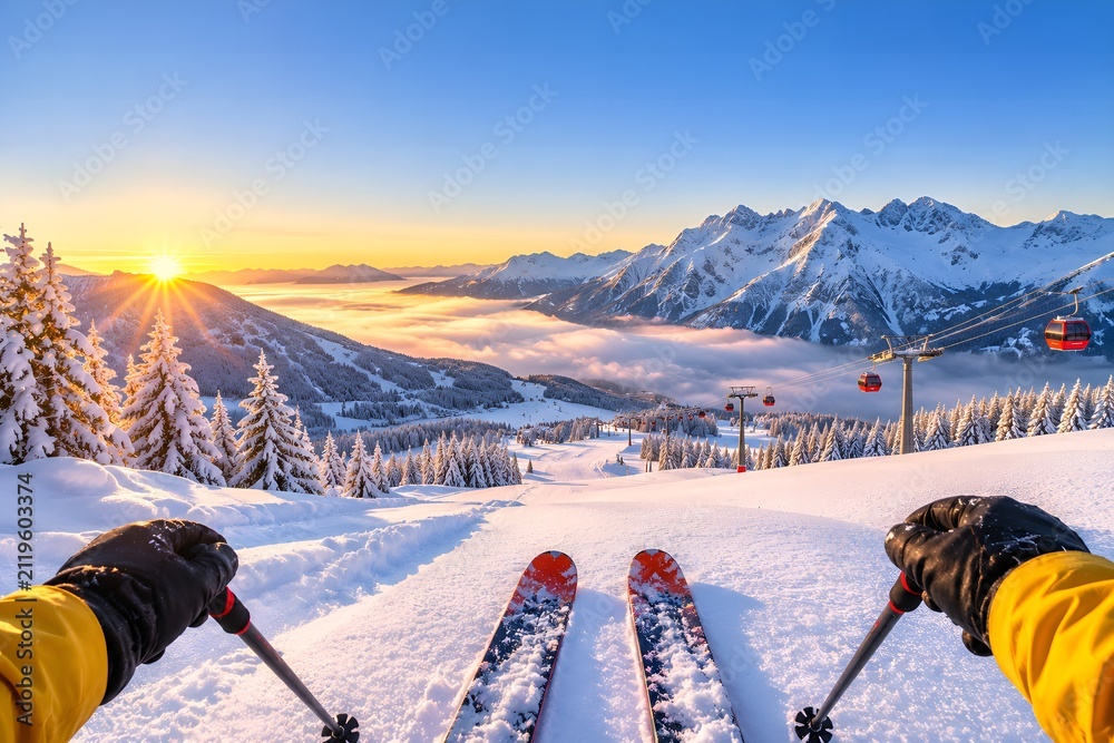 Obraz premium Point of View Shot of a Skier on a Snowy Mountain Slope at Sunrise with Ski Resort Lift