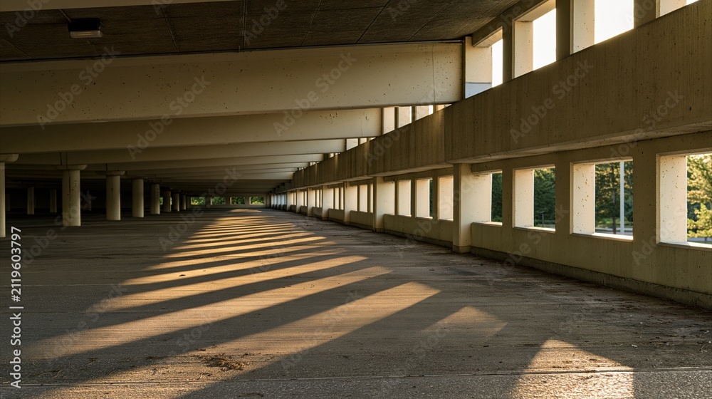 Fototapeta premium Empty Concrete Parking Garage Interior with Strong Sunlight and Shadow Patterns