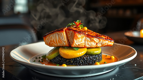 Restaurant Quality Salmon Fillet with Broccoli and Black Rice on Elegant Plate