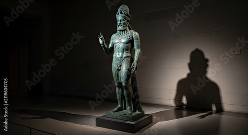 Ancient bronze statue of a man with beard and headwear against a dark backdrop