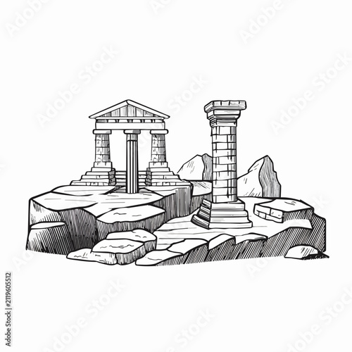 Quadro su tela Hand drawn sketch of ancient Greek temple ruins with columns on a rocky mountain