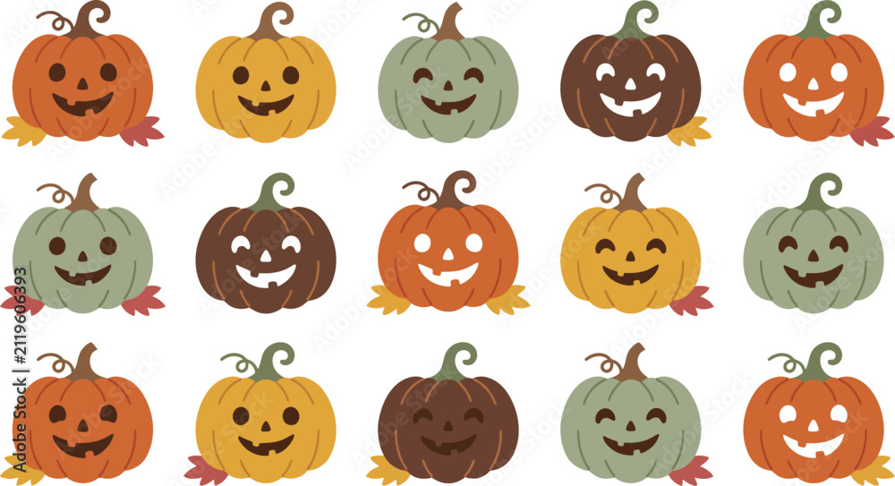 Fototapeta premium Set of cute hand drawn jack o lantern pumpkins with various expressions for halloween holiday design elements