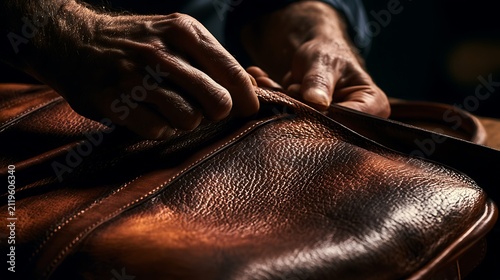 Close-up of a skilled artisan working on a handcrafted leather bag.