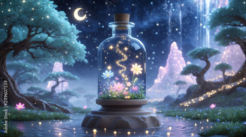 Celestial fantasy bottle featuring blooming flowers sparkling stars dreamy landscape magical illustration wallpaper