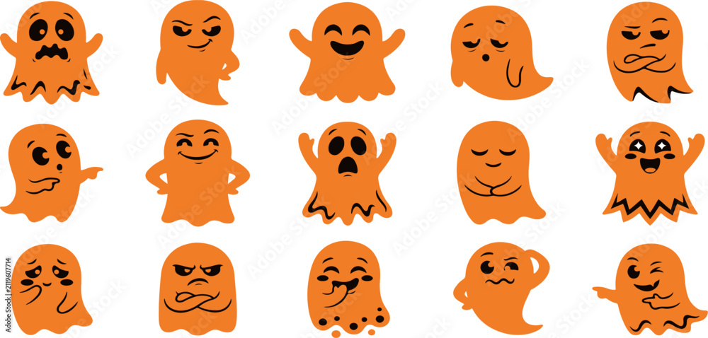 Fototapeta premium Set of cute orange ghost characters with various funny facial expressions for halloween party decoration and graphic design