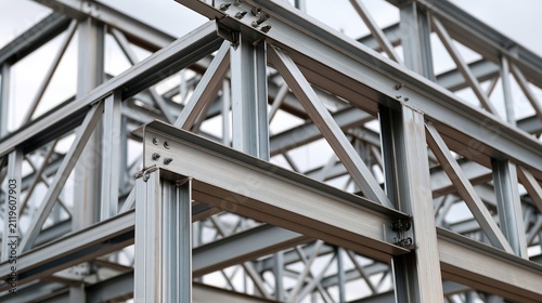 Close-up view of a modern steel building frame construction with visible beams and supports