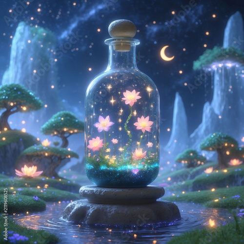 Enchanted botanical bottle with celestial flowers sparkling magical forest scenery magical illustration wallpaper