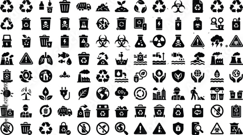 Large set of waste management, recycling, and environmental hazard icons featuring symbols for pollution, ecology, and green energy solutions.