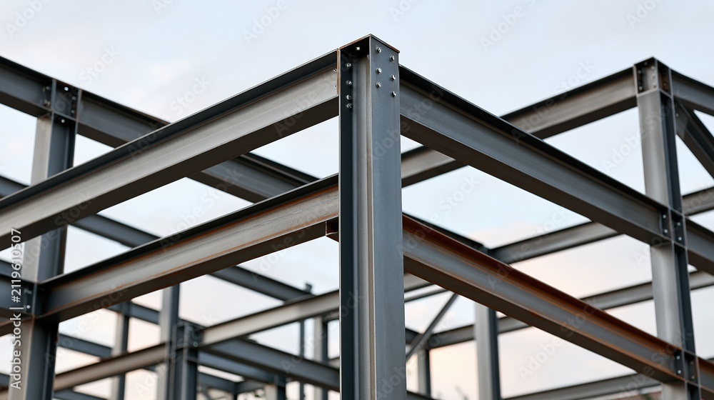 Fototapeta premium Industrial steel frame construction for modern building projects, showcasing structural integrity and raw materials