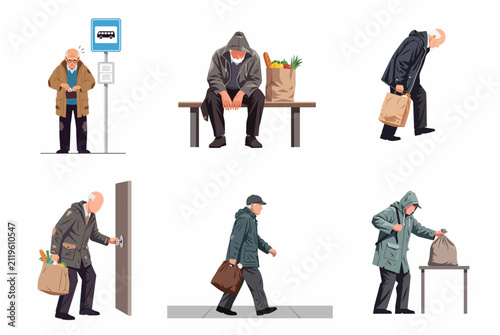 Vector illustration set of elderly men living in poverty, struggling with hunger and financial hardship
