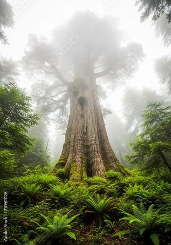 A massive ancient tree rises high into a foggy canopy within a lush evergreen woodland, captured from a dramatic low angle perspective, growth, outdoor, peaceful