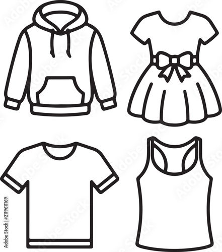 Casual clothing and kids fashion line art vector icon collection