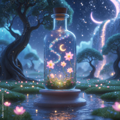 Luminous floral bottle resting beside enchanted river beneath sparkling heavens magical illustration wallpaper