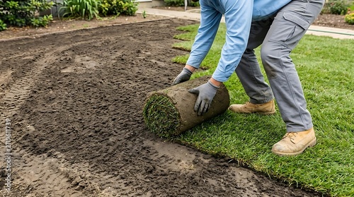 Landscaper worker laying down fresh turf grass rolls on soil in a newly prepared garden yard