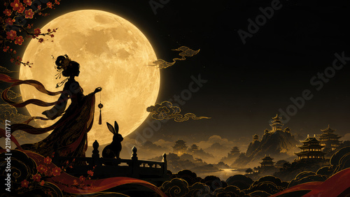 Silhouette of Chang'e and the Jade Rabbit against an enormous harvest moon for Mid-Autumn Festival