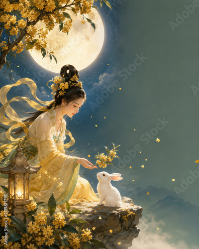 Chang'e offering an osmanthus branch to the Jade Rabbit for Mid-Autumn Festival