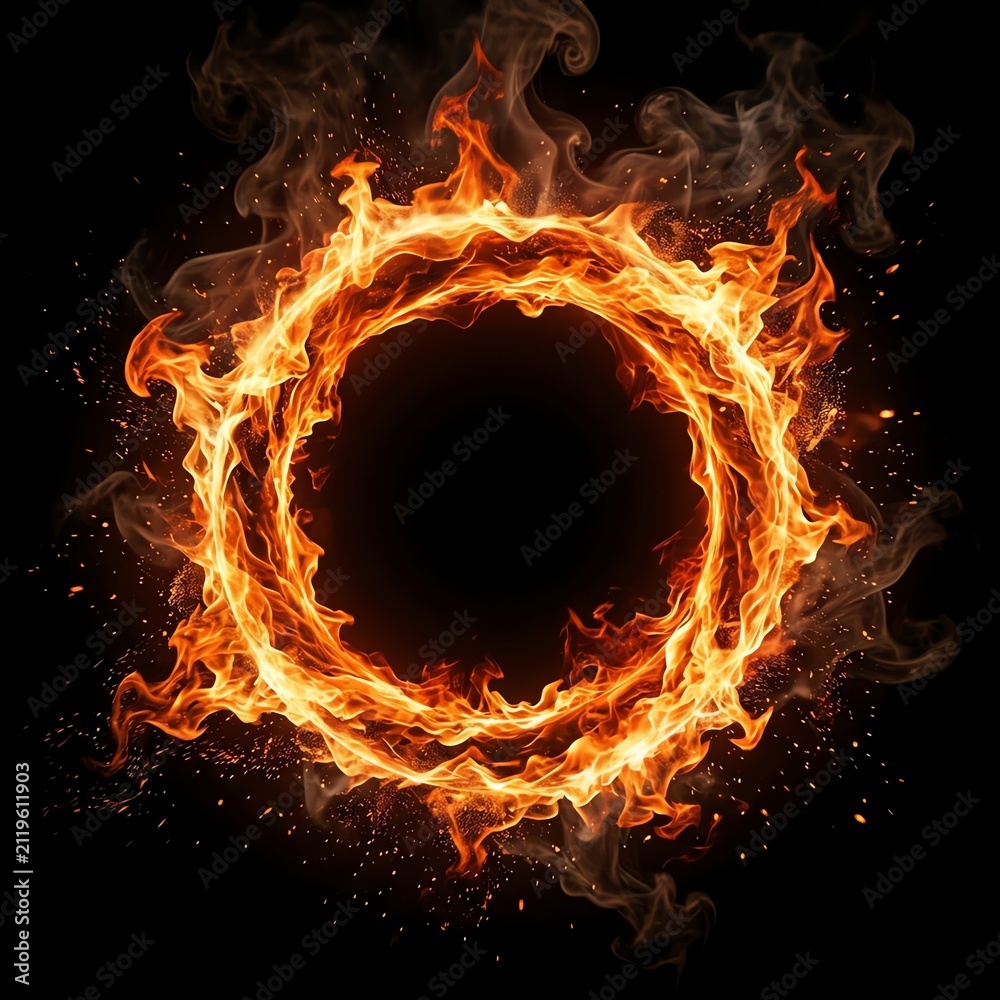 Fototapeta premium Fiery Circle on Black Background with Flames and Smoke in Dynamic Composition