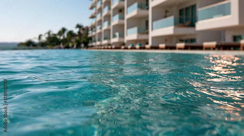 Fototapeta premium Close-up underwater view of a refreshing turquoise swimming pool with a modern resort hotel in the background.