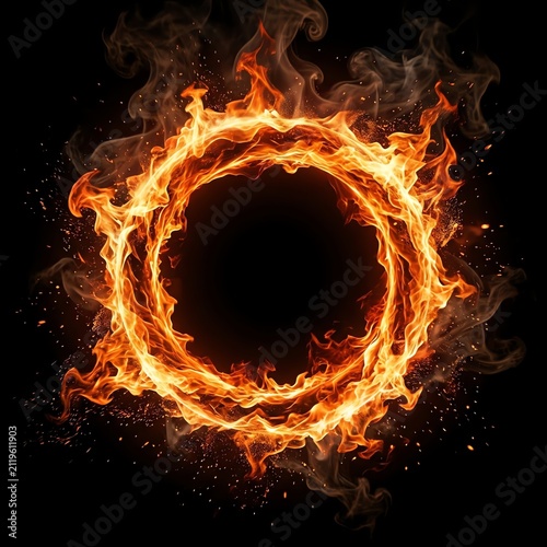 Fiery Circle on Black Background with Flames and Smoke in Dynamic Composition