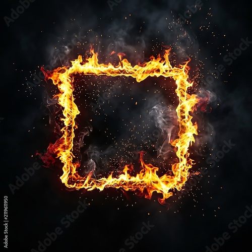 Fiery Square Frame on Dark Background with Sparks and Smoke