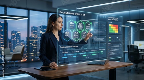 Businesswoman Using Digital Interface in Modern Office with City Skyline