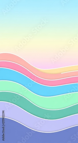 A minimal flat design illustration featuring abstract layered hills in soft pastel colors, creating a geometric and stylized landscape, flat design, modern, papercut