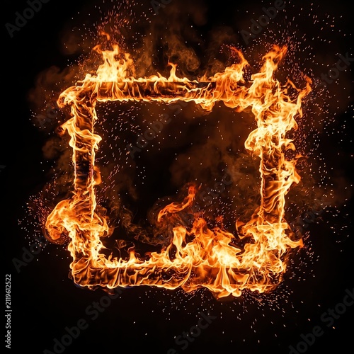 Fire Frame in Bright Flames with Sparks on Dark Background