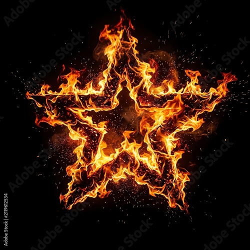 Fiery Burning Star Shape with Bright Flames and Sparks on Black Background