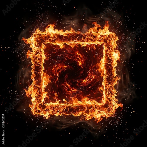 Fiery Square Frame with Burning Flames and Sparks in Dark Background
