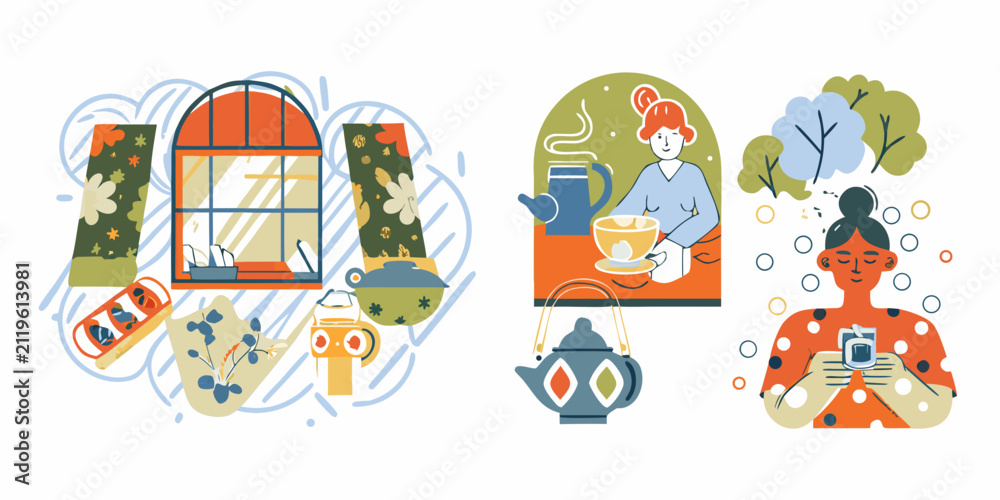 Fototapeta premium Tea Ceremony Scenes Modern Flat Illustration With Floral Elements
