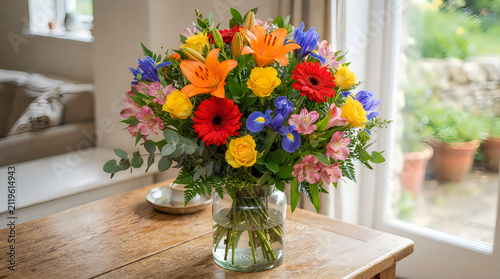 Bright mixed flowers bouquet in clear glass vase on table
