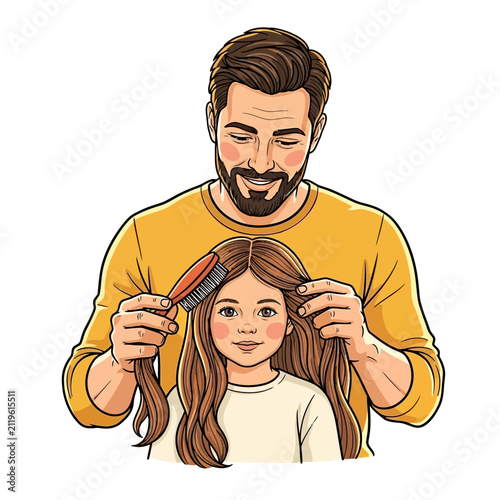 Vector illustration of a smiling father gently brushing his daughter's long brown hair