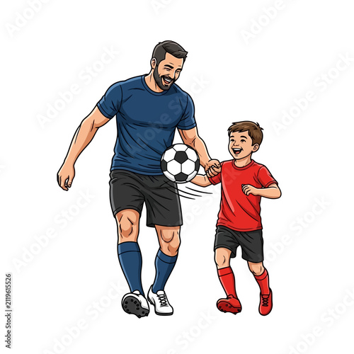 Vector illustration of a happy father and young son playing soccer together on a white background