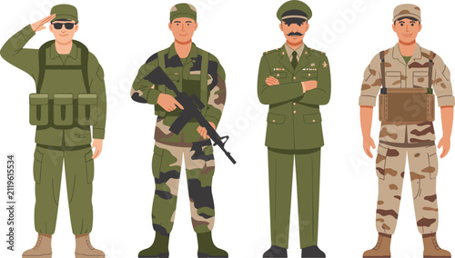 Bild auf Leinwand Military Soldier Cartoon Vector Collection Featuring Army Uniforms, Camouflage C