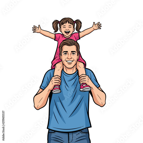 Happy father carrying his cheerful young daughter on his shoulders, pop art illustration isolated on white background