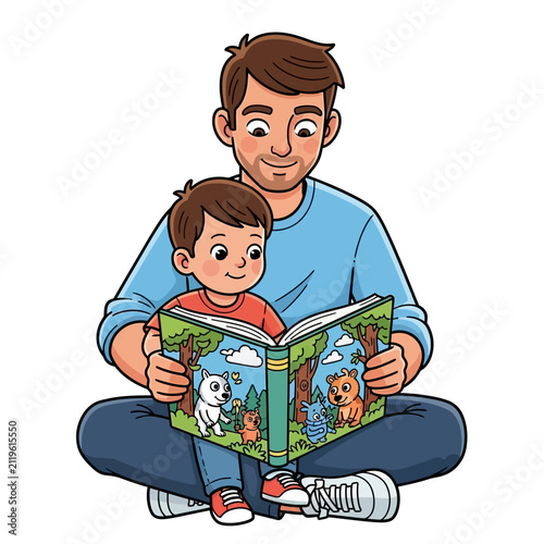 Cartoon illustration of a loving father reading a picture book with his young son while sitting on the floor