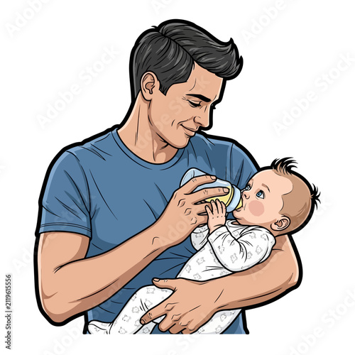 Vector illustration of a loving father bottle feeding his baby infant with care and affection